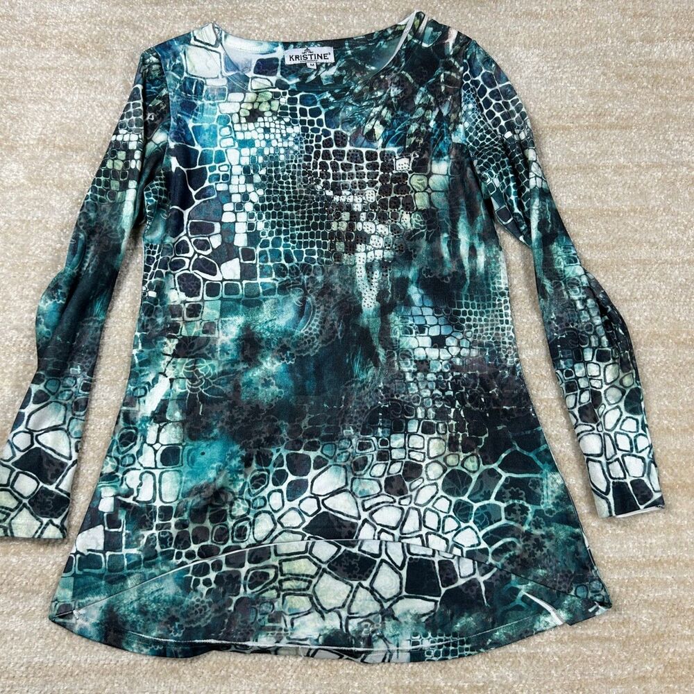 Kristine Top Womens M Long Sleeve Tunic ALine Teal Green Print Embellished